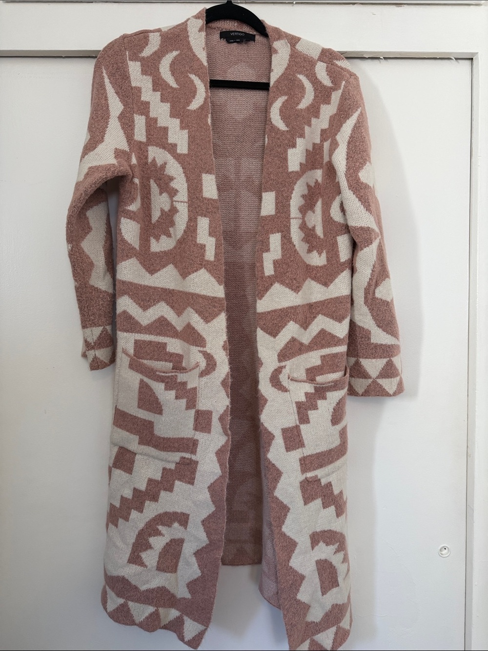 Women's Pink and Cream Geometric Sweater Duster